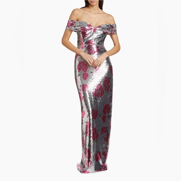 ML Monique Lhuillier Sequined Off The Shoulder Evening Dress - Picture 5 of 13